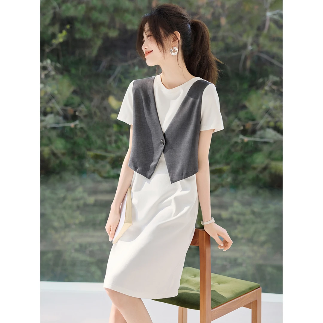 沫晗依美拼接假两件短袖连衣裙2025春夏新款时尚休闲过膝长裙女款