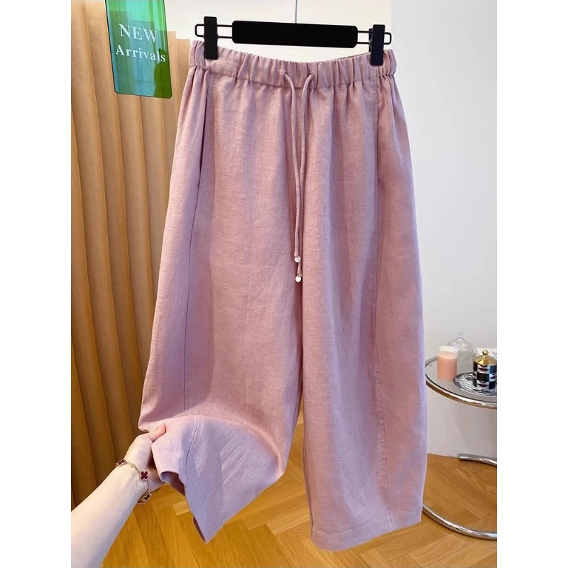 大码女装老钱风粉色抽绳亚麻九分阔腿裤女夏季薄款胖MM宽松休闲裤