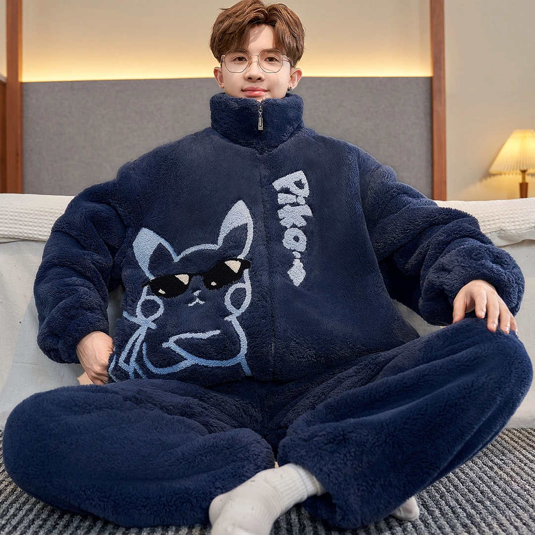 珊瑚绒睡衣男士秋冬季加厚加绒拉链保暖法兰绒卡通男孩大码家居服