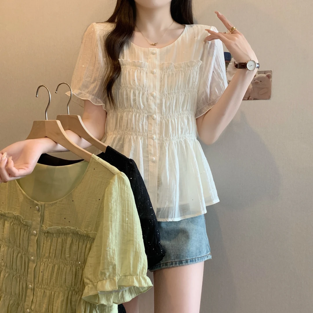 短袖衬衫女夏季新款别致新款大码胖mm遮肚娃娃衫上衣春游出行衣服