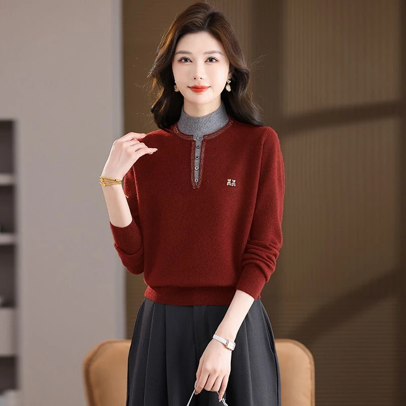 秋冬季新款女拼接半高领毛衣洋气妈妈百搭加厚打底内搭漂亮针织衫