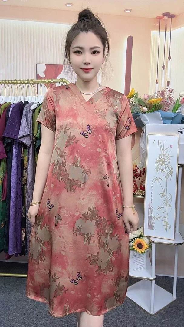 【粉红蝴蝶】2025夏季新款时尚气质显瘦百搭洋气中长款妈妈装