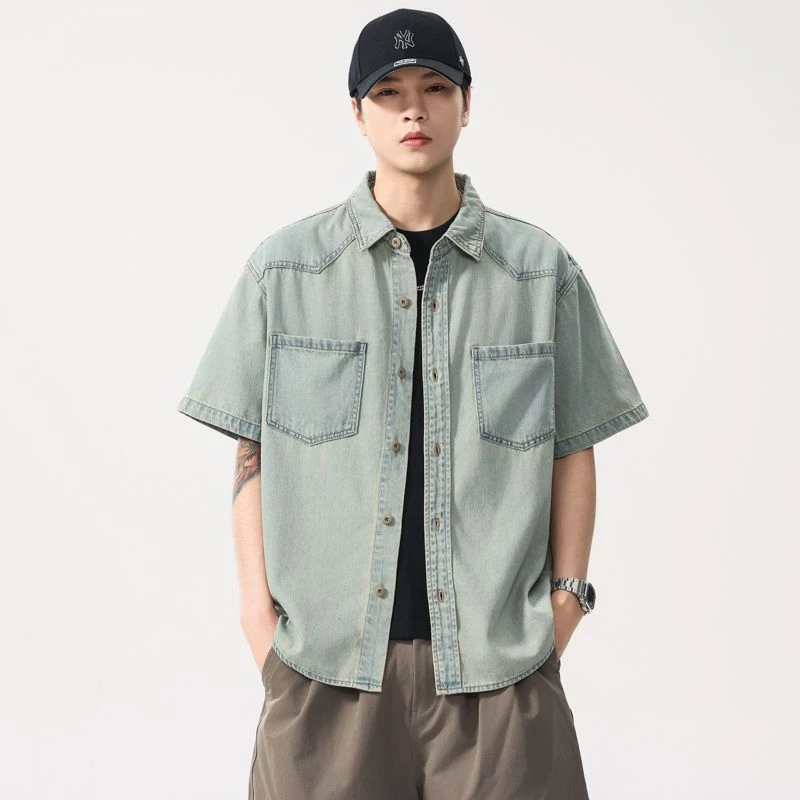 莱赛尔天丝短袖衬衫男夏季衬衣短袖薄款复古水洗做旧翻领短袖衬衫