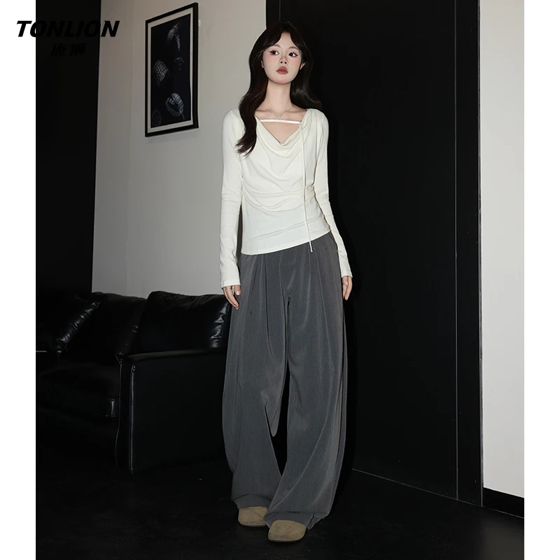 唐狮早秋独特蕾丝拼接阔腿休闲裤女美式复古灰色宽松垂感西装裤