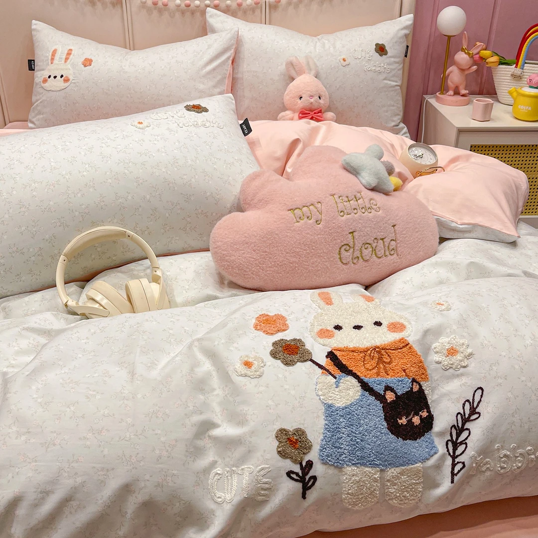 2025新款纯棉床上四件套卡通毛巾绣床品全棉床单人宿舍学生三件套
