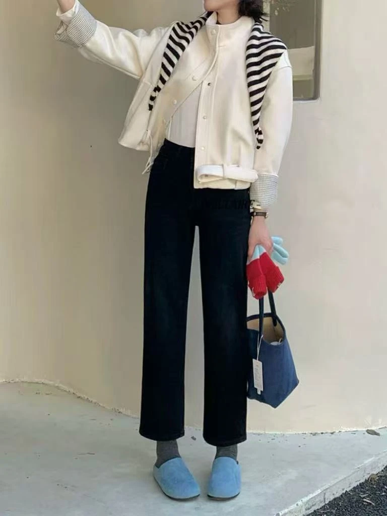 SU【859】代A9 愫生  牛仔裤女冬季新款四面弹特绒黑色九分法棍裤