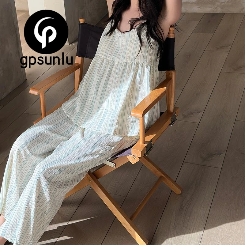 GPSUNLU带胸垫睡衣女夏季薄款云朵棉纱性感休闲外穿家居服套装