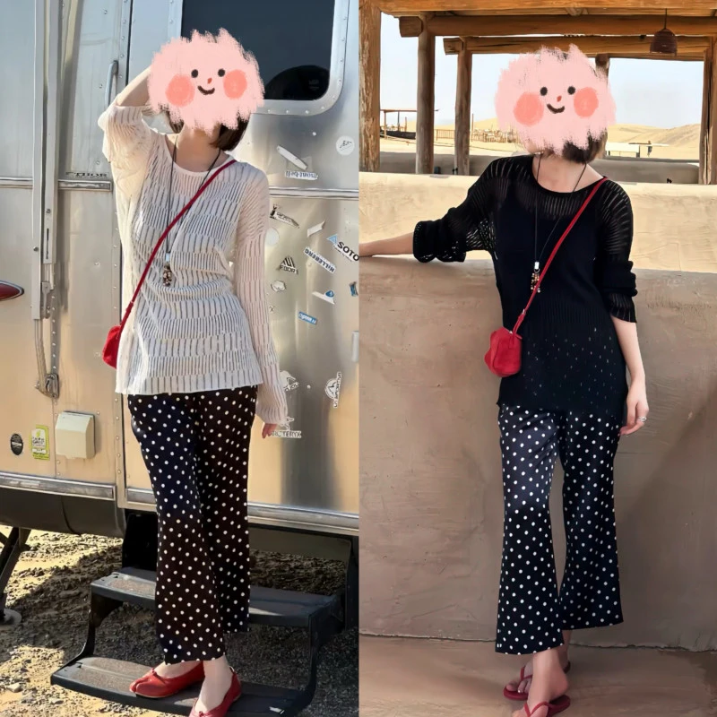 2025夏季新款镂空微透侧开叉下摆宽松上衣波点休闲微喇裤两件套