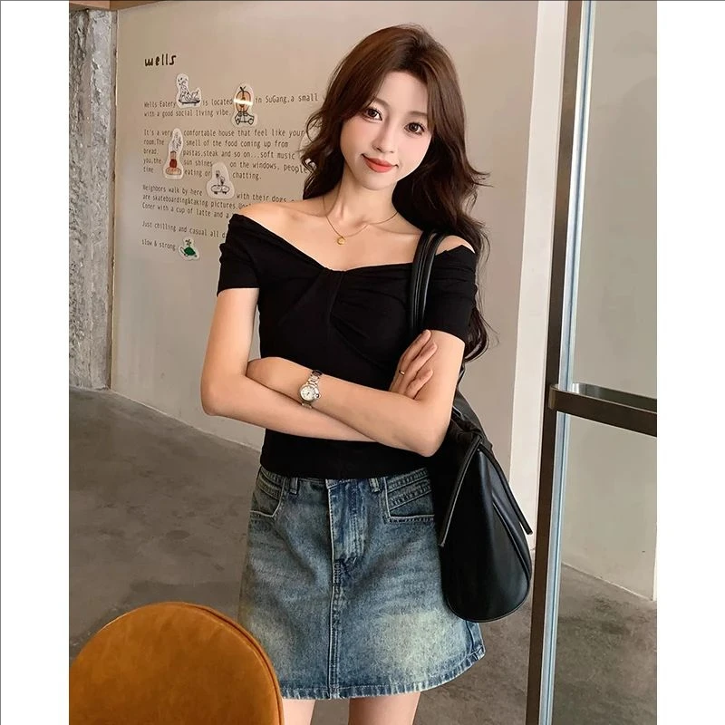辣妹两穿一字肩显瘦T恤女短袖夏季新款2025修身短款设计感上衣