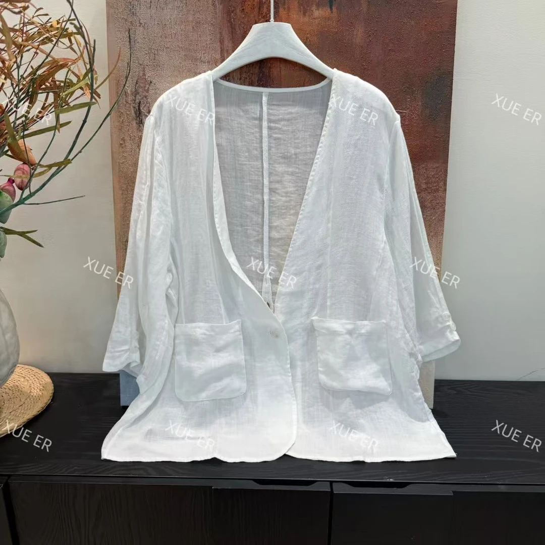 雪儿X68008夏款高级感通勤七分袖100苎麻后背小心机西服显瘦上衣