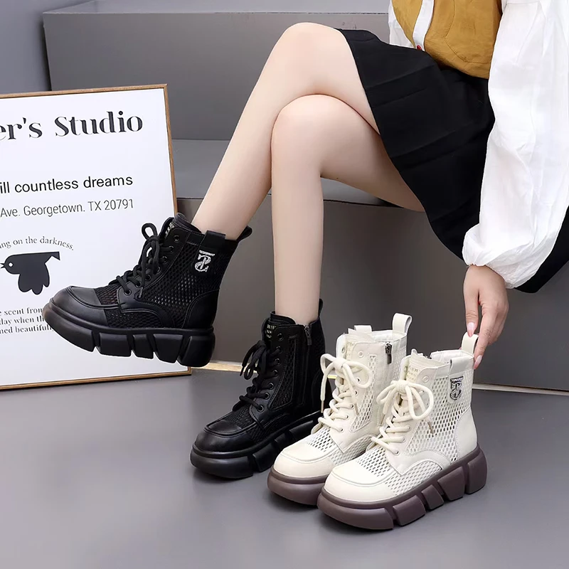 网纱透气厚底马丁靴女2025夏季新款网靴时尚增高百搭网面镂空单靴
