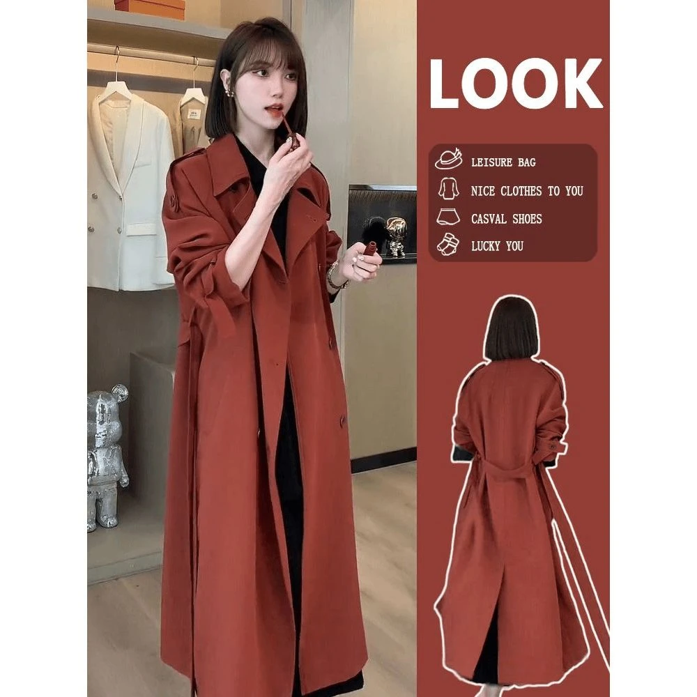 2024新款秋季修身风衣连衣裙翻领系带纯色森系中长款外套女