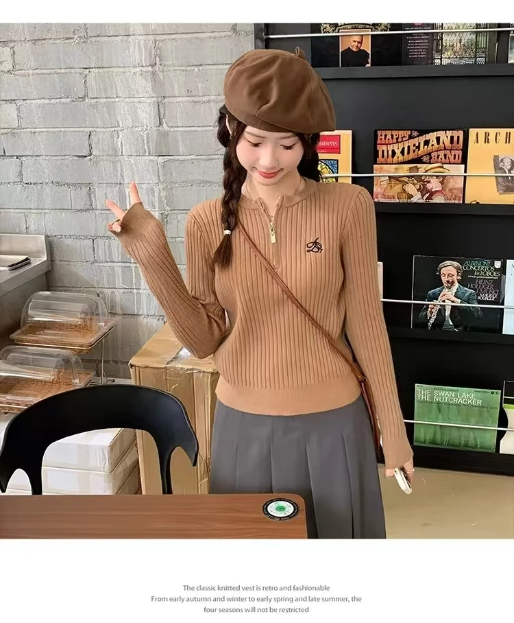 美拉德修身长袖套头针织打底小衫女春秋半拉链毛衣内搭上衣