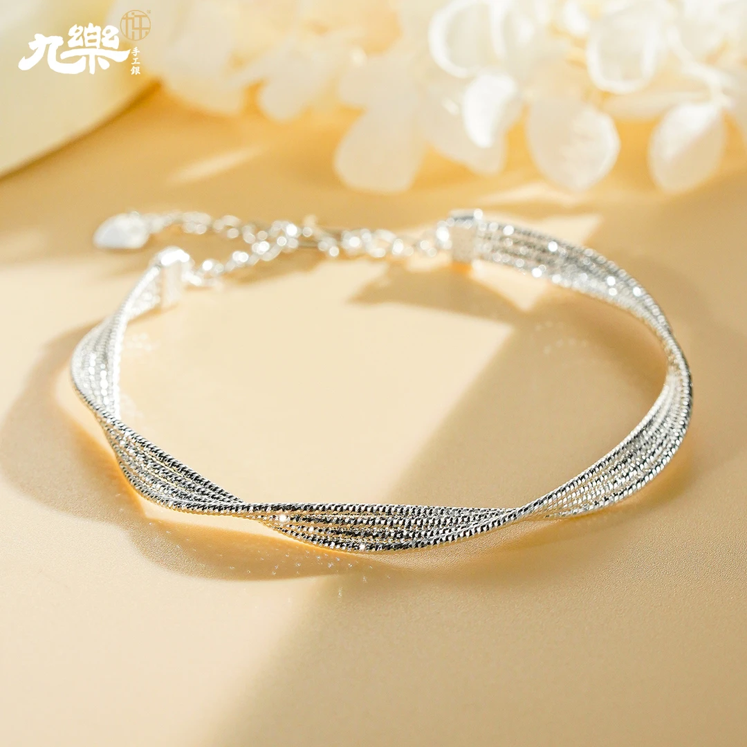 九乐 足银手镯 990麻花莫比乌斯手镯手工编织校园风蕾丝镯子女款