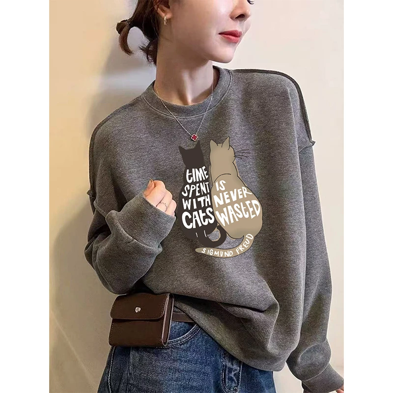 美式深花灰圆领卫衣女加绒加厚秋冬装宽松休闲保暖无帽套头上衣潮