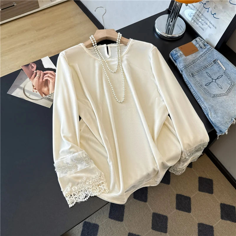 新中式刺绣钉珠拼接丝绒打底衫2025秋冬新款时尚宽松百搭上衣女