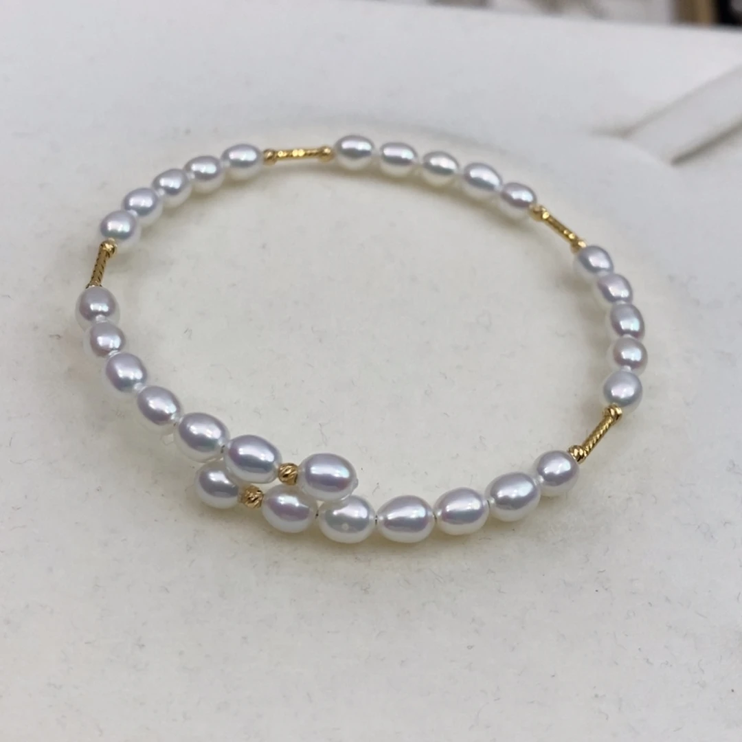 淡水珍珠18K金镶嵌手镯极强光炫彩无核淡水4-5