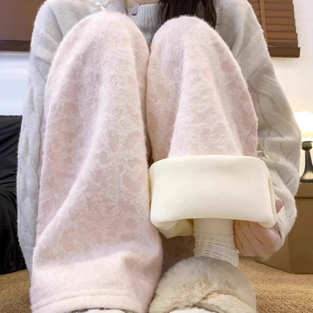 加绒加厚豹纹印花休闲裤女2025年秋冬新款高腰显瘦慵懒百搭阔腿裤