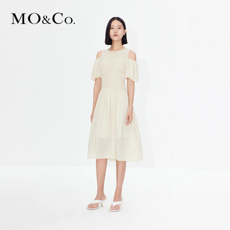 【千颂妮专享】MOCO夏露肩露背泡泡袖连衣裙气质显瘦MBC2DRS029