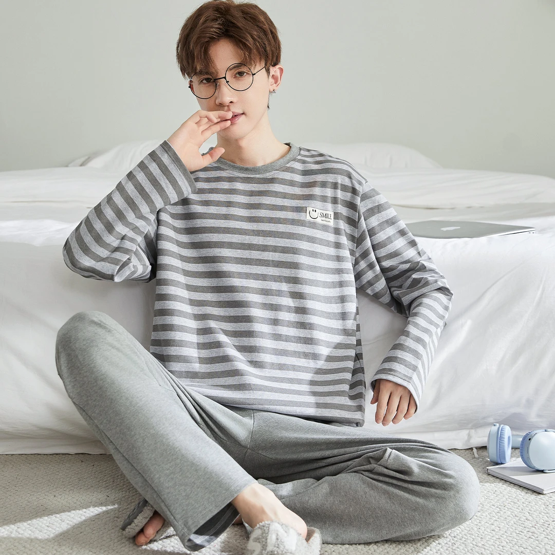 春秋季纯棉睡衣男士长袖条纹薄款加大码青少年男款全棉家居服套装