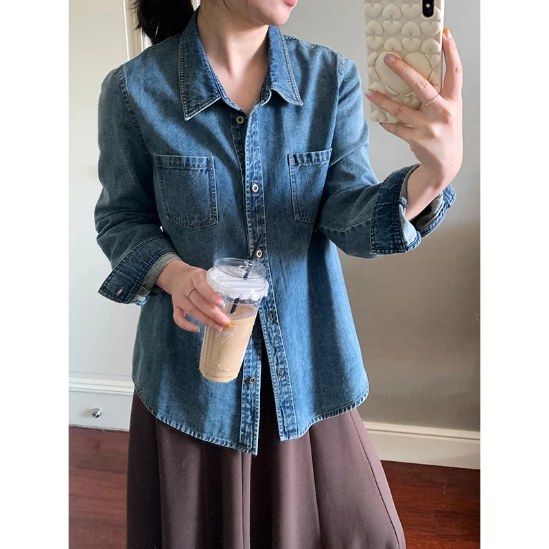 【现货款】花总吖【南法海岸】 初秋新款复古港风牛仔衬衫R425C12471