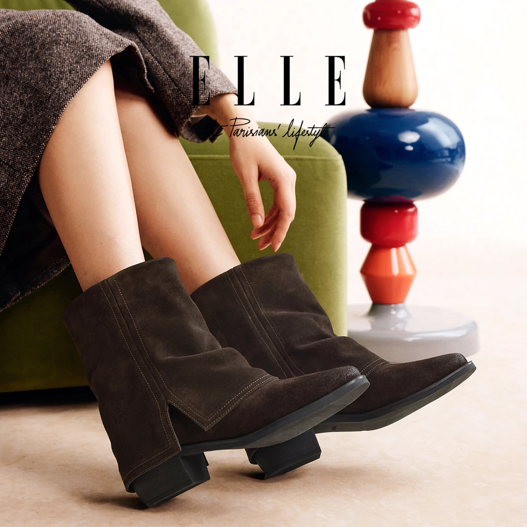ELLE高级感洋气堆堆靴女2025冬季爆款复古咖色厚底粗跟中筒裤管靴
