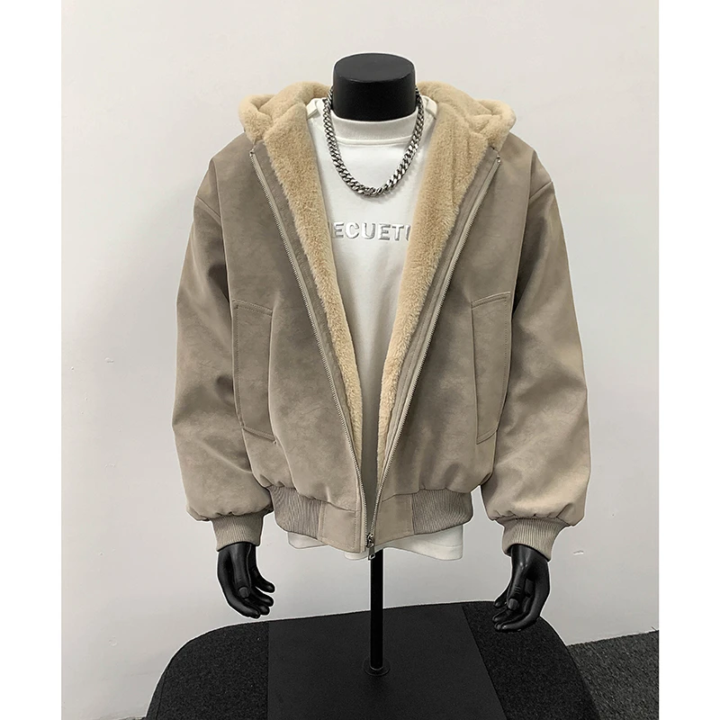 美式PU座山雕棉衣外套男款冬季新款潮牌宽松加绒加厚保暖连帽棉服