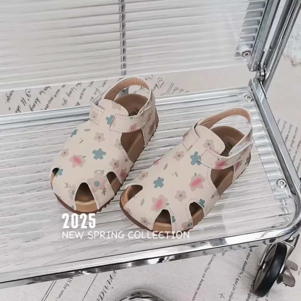 ABC女童勃肯凉鞋2025夏新款女宝涂鸦花朵公主鞋包头中小童沙滩鞋