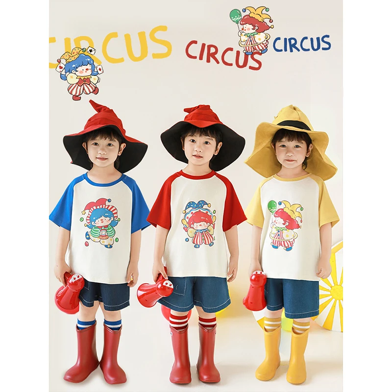 YOEHYAUL/幼悠【清货】【凉凉不闷捂】小丑印 插肩休闲T恤套装N5880