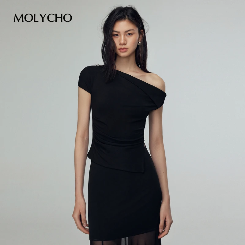 MOLYCHO黑色一字肩不对称短袖T恤女夏季修身显瘦打底小衫斜肩上衣