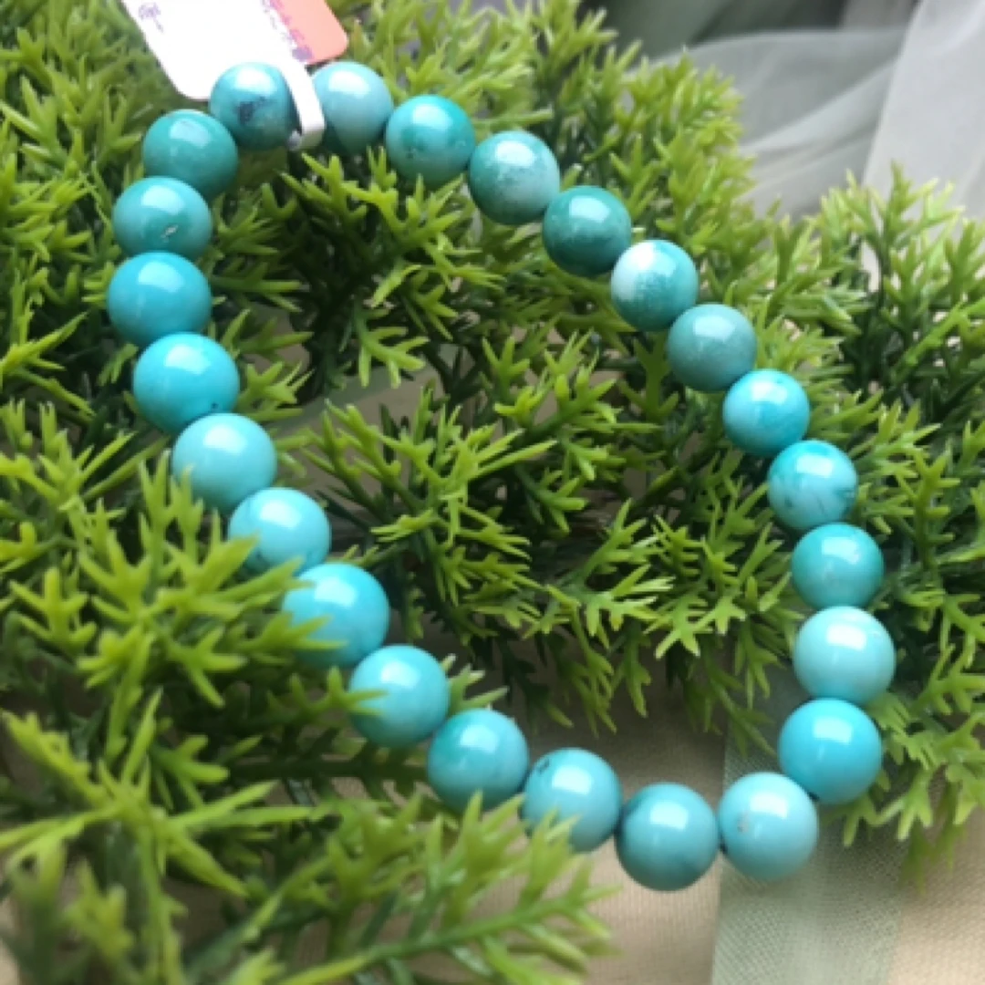 原矿绿松石，水草纹圆珠手串8mm