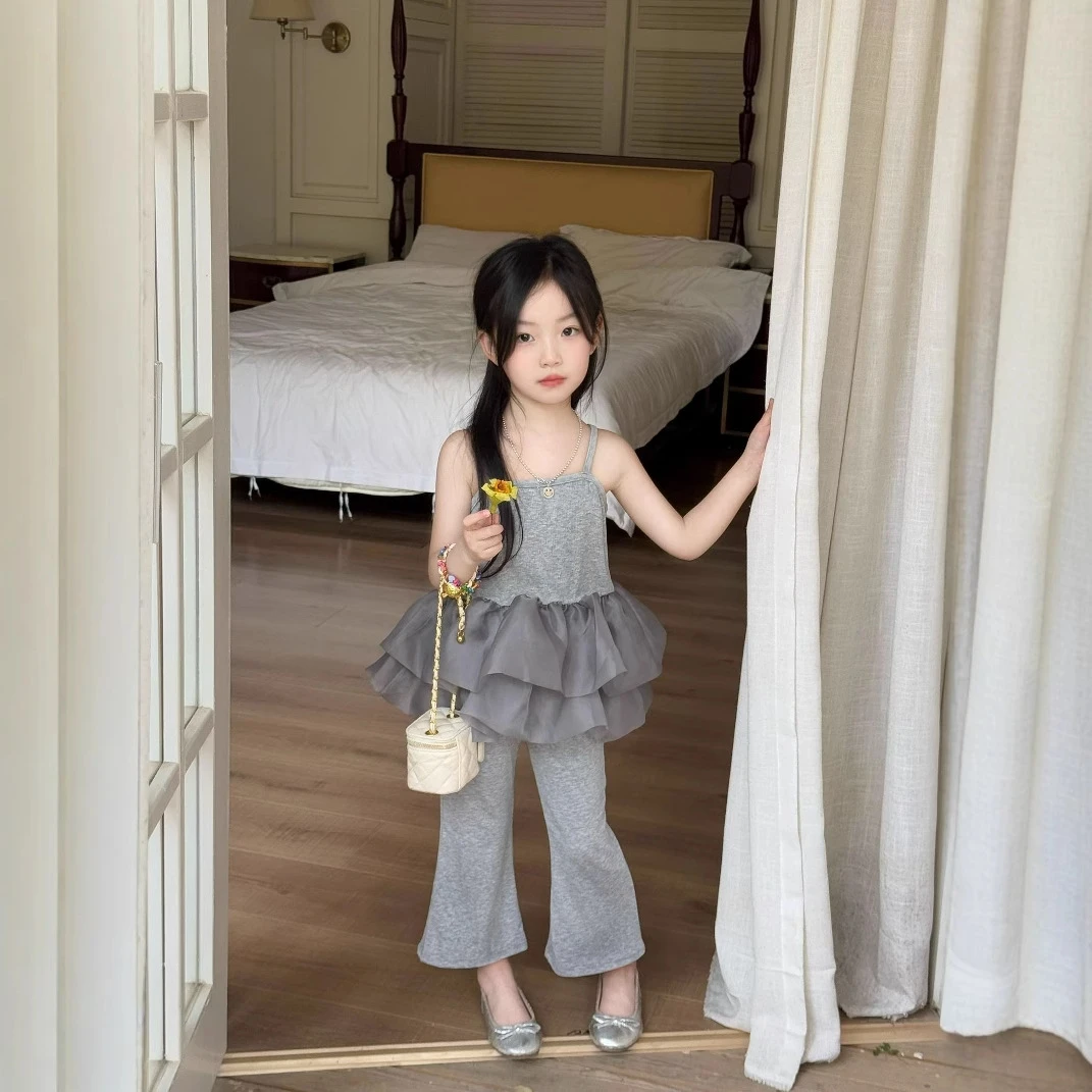 女童夏季新款韩版洋气吊带上衣拼接网纱背心百搭喇叭裤两件套装