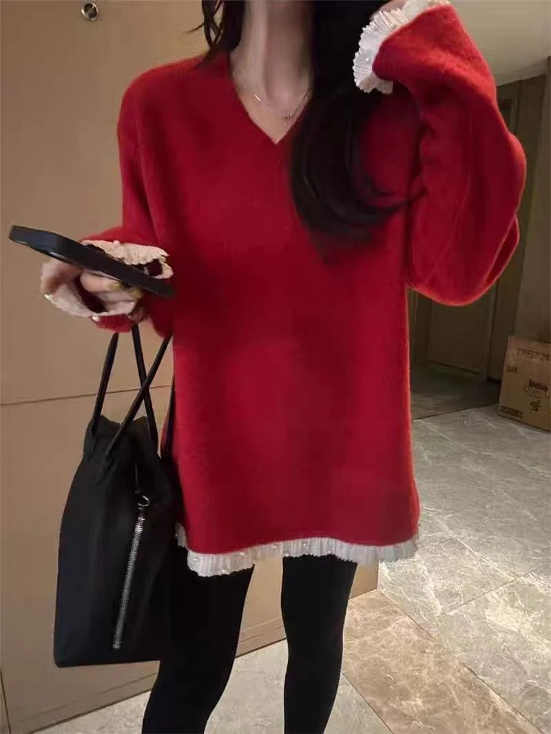 高级感慵懒风重工v领蕾丝拼接针织上衣女秋冬新款宽松慵懒风毛衣