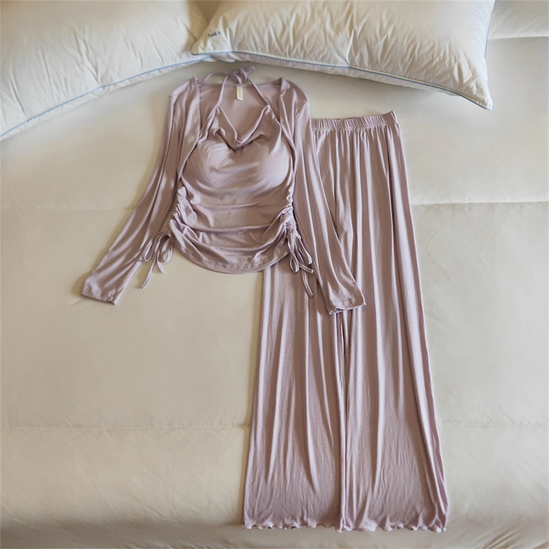 网红风睡衣女春秋冬季莫代尔长袖绑带性感纯欲风带胸垫家居服套装