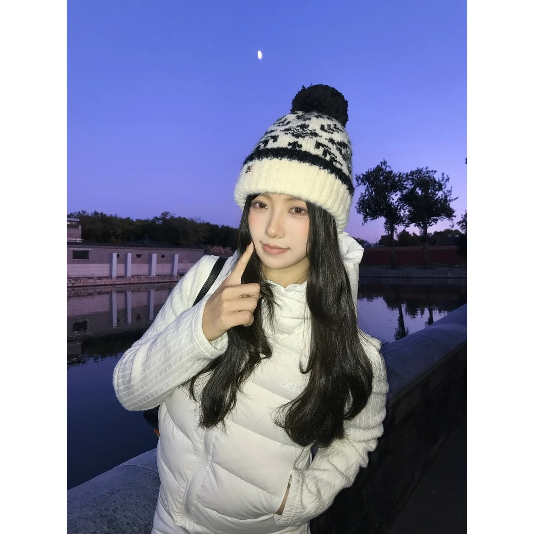 费尔岛毛球针织帽女百搭保暖秋冬款堆堆包头帽护耳帽