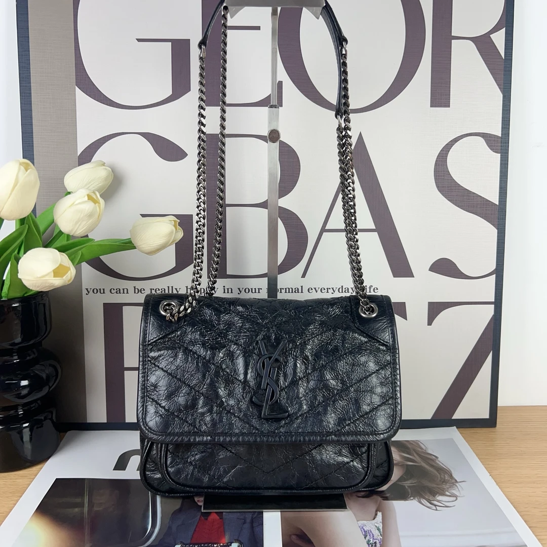 99新 YSL/圣罗兰 圣罗兰/YSL Niki小号油蜡皮黑链D扣