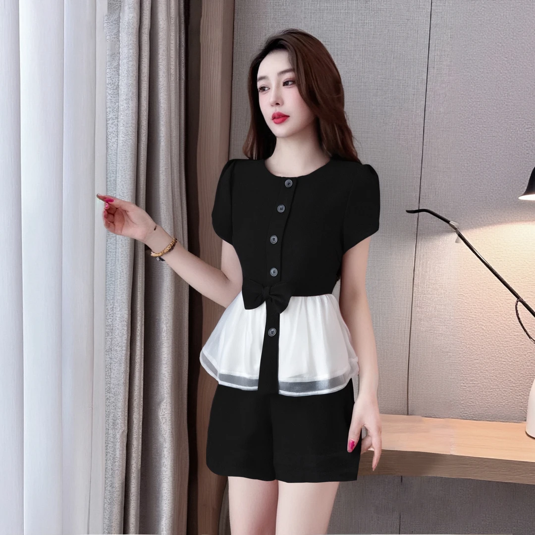 A【两件套】时尚气质收腰蝴蝶结短袖衬衫显瘦短裤套装D2636