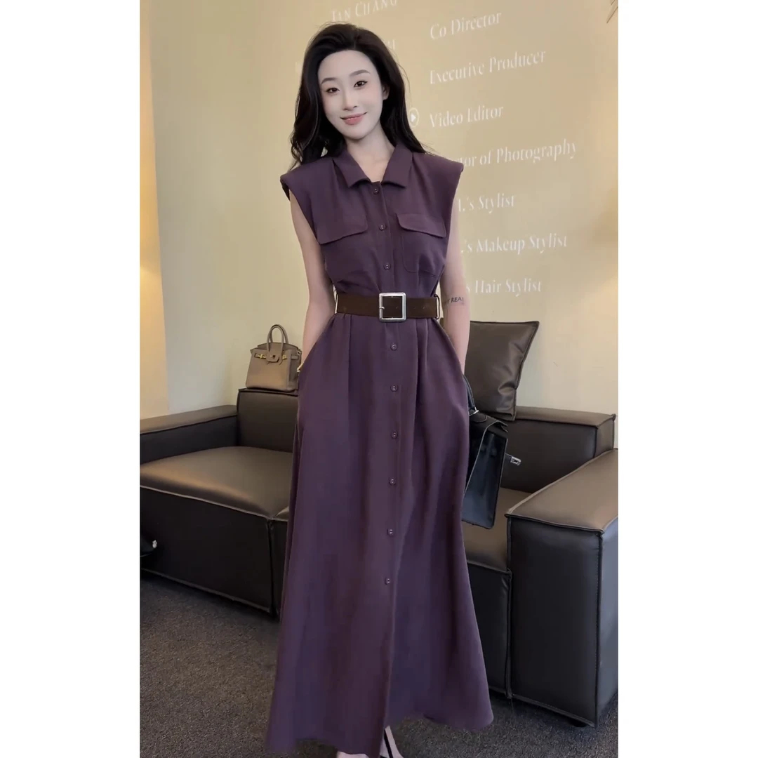 法式高级感收腰无袖连衣裙配腰带女夏季新款气质显瘦时尚减龄长裙