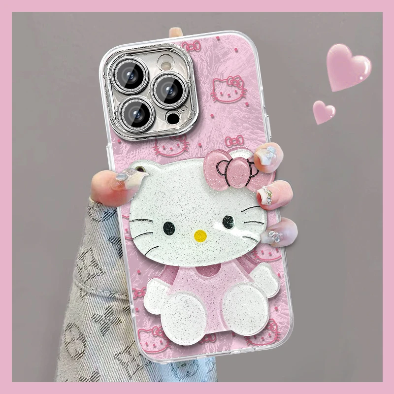 凯蒂猫翻盖镜子适用苹果vivo华为oppo小米iPhone精孔冰川纹手机壳