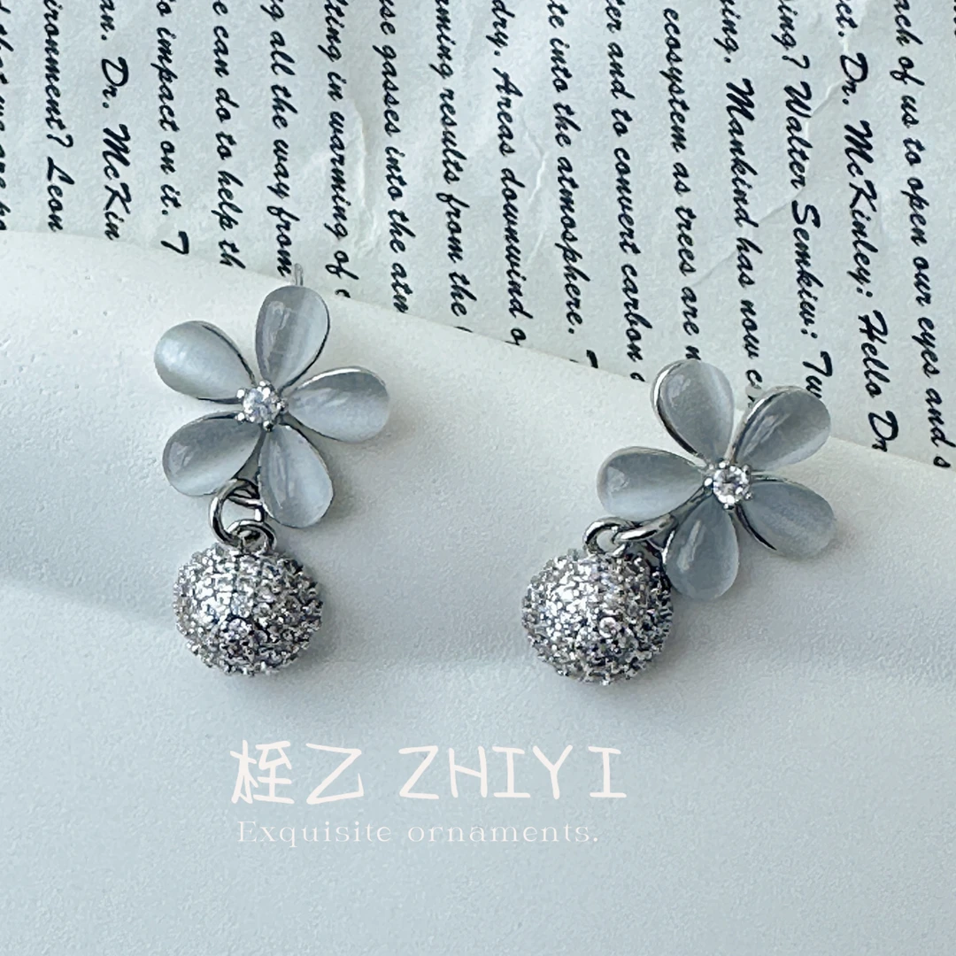 925银仿水晶耳饰 植物花卉日韩简约可爱耳钉百搭耳饰 S925 银针