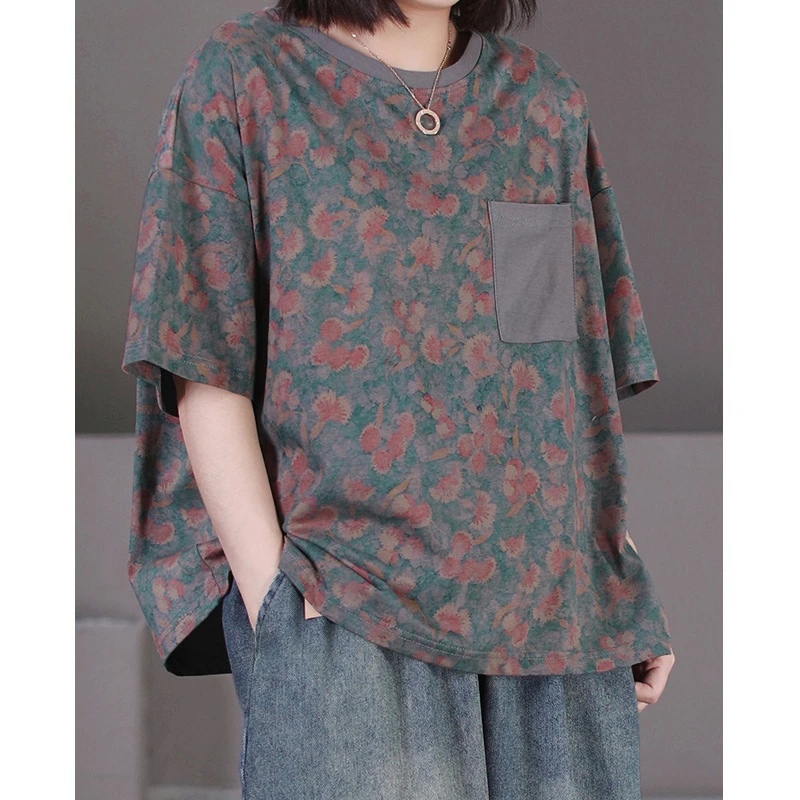 大码棉质短袖女t恤夏季新款文艺复古碎花口袋薄款宽松体恤女