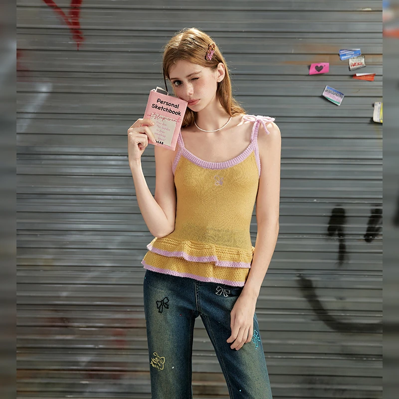 【25年春】芭蕾风针织吊带背心女色纯欲显瘦荷叶边上衣