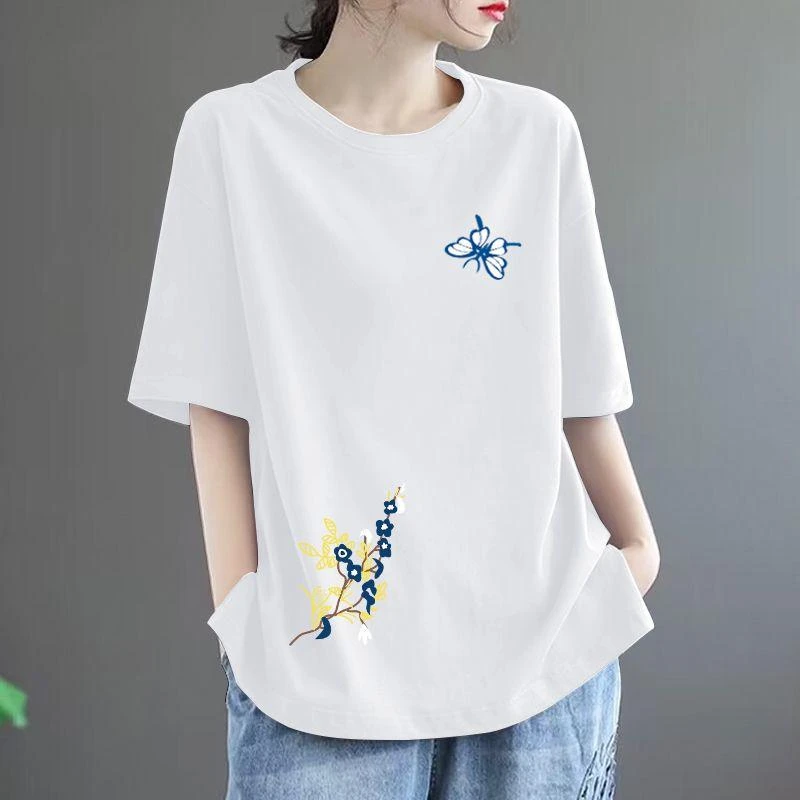 【高品质纯棉】夏季宽松大码中长款百搭印花短袖休闲简约圆领T恤女