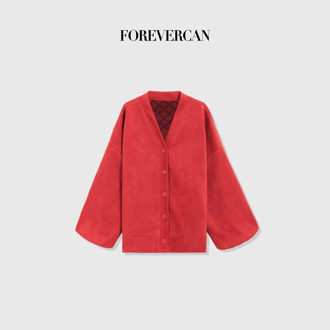 FOREVERCAN“酒渍玫瑰”定染红麂皮绒V领宽松休闲外套SC22506