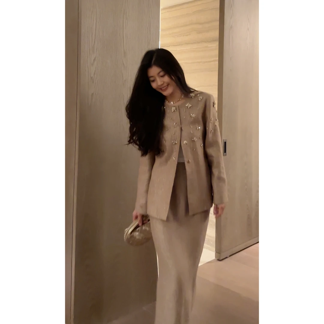 N.COU妮蔻25春新款轻奢高级感气质钉珠麻料外套半裙套装DY51710-1