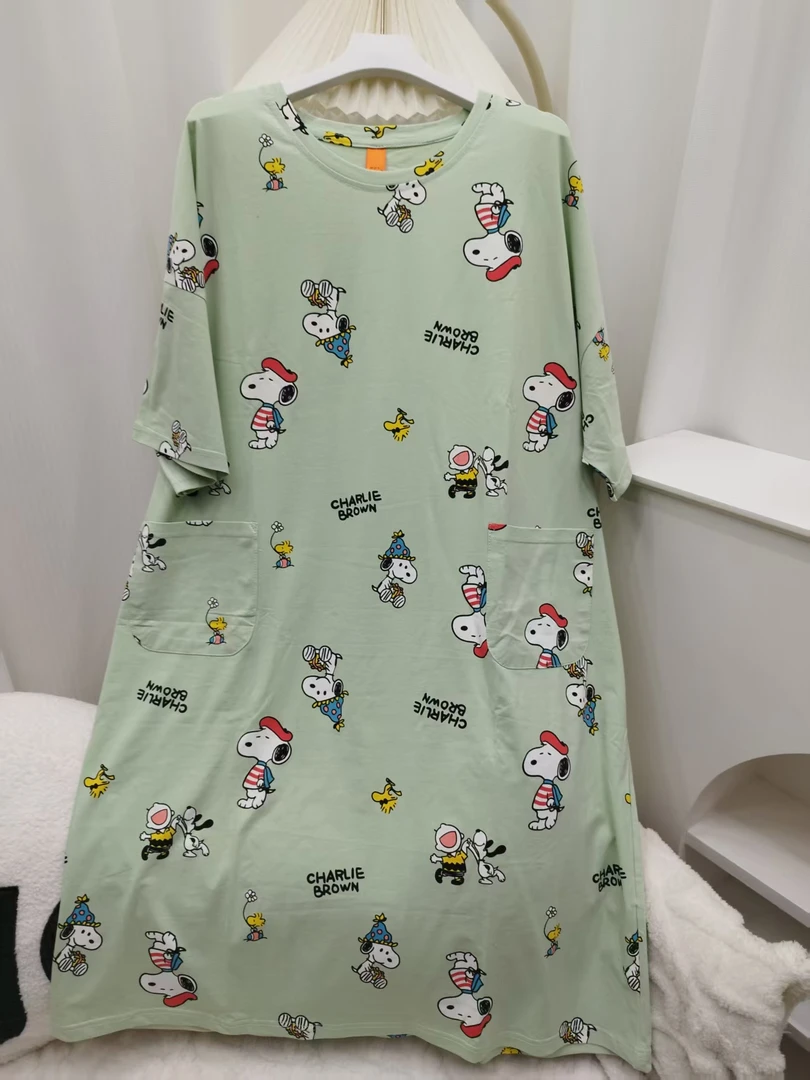 初初家女款睡裙夏季短袖加大码宽松睡衣中长款可外穿家居服卡通