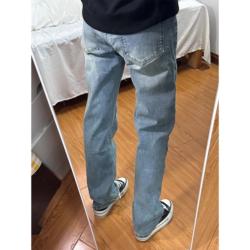 浅蓝色直筒牛仔裤男款cleanfit显瘦弯刀裤子修身弹力窄版微喇长裤