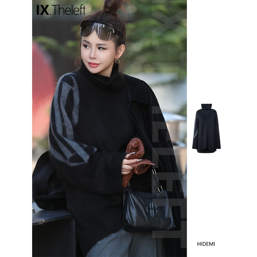 HIDEMI设计师品牌 长毛拉毛不对称堆堆高领廓形毛衣外套 IX买手店