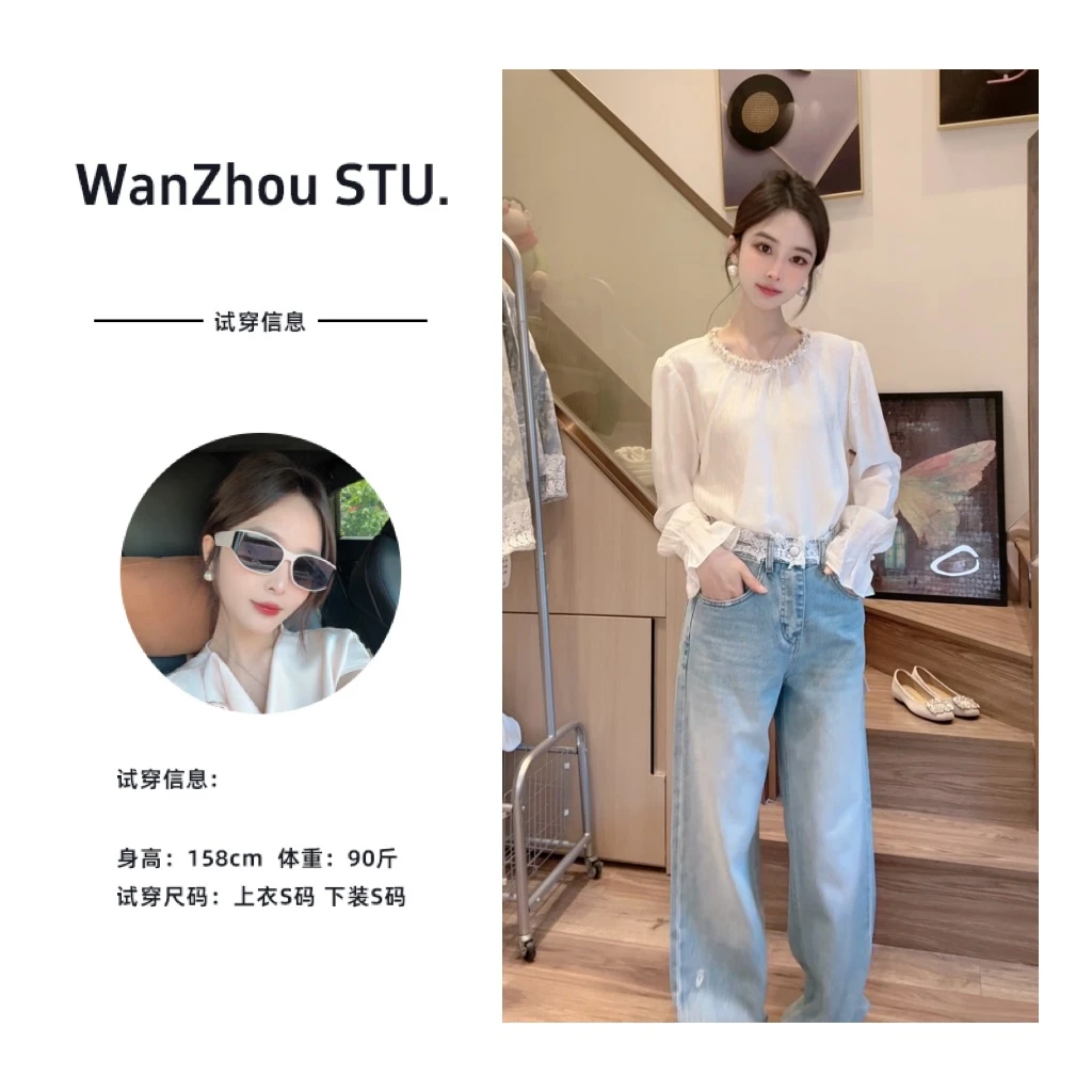 晚舟-拼接蕾丝牛仔裤 2025新款时尚气质高级拼接蕾丝牛仔裤