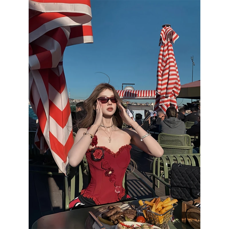 夏季独特别致小衫蕾丝花朵鱼骨吊带抹胸上衣痞酷抽绳阔腿休闲裤